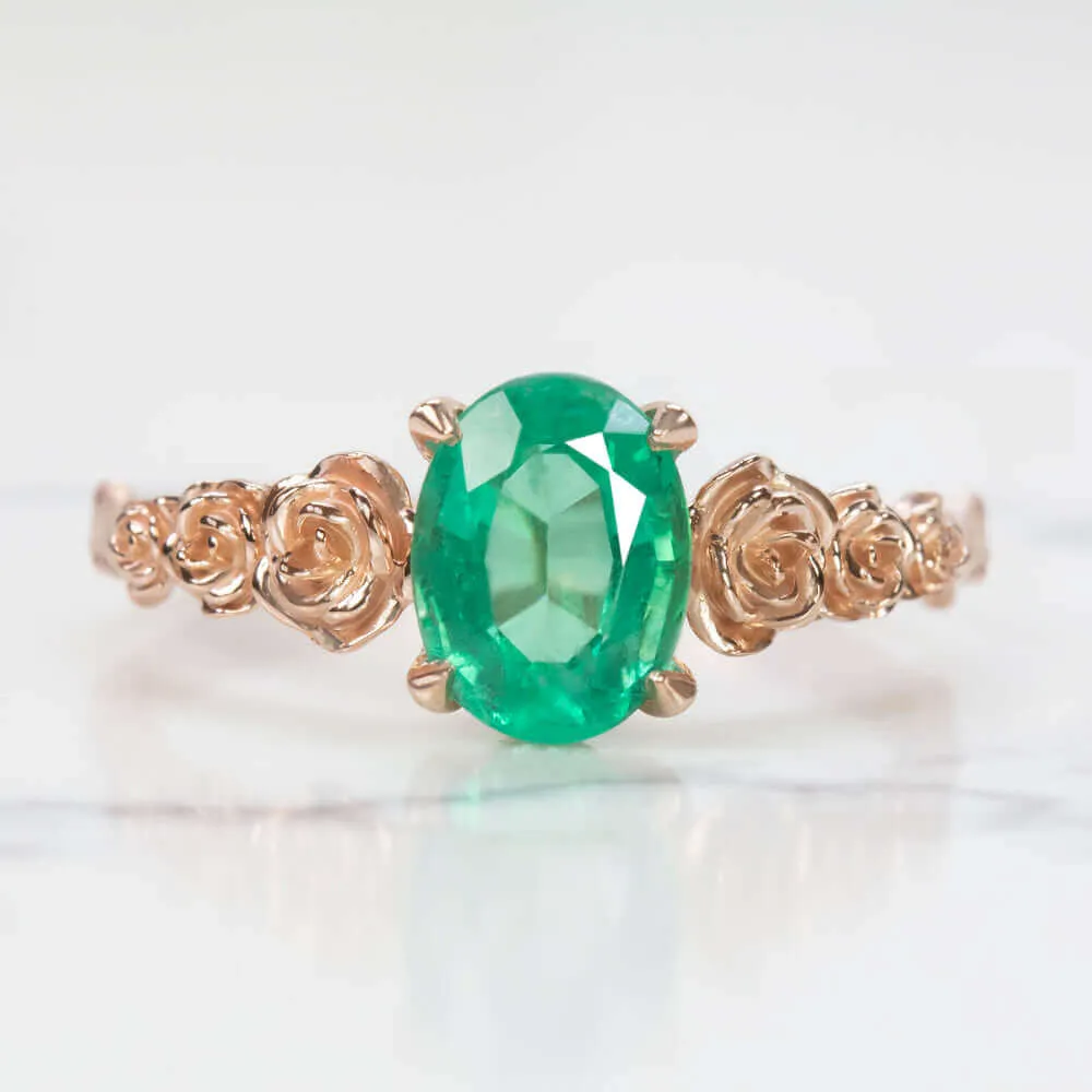 1.15ct OVAL CUT EMERALD RING FLOWER BRANCH 14k ROSE GOLD NATURAL GREEN COCKTAIL