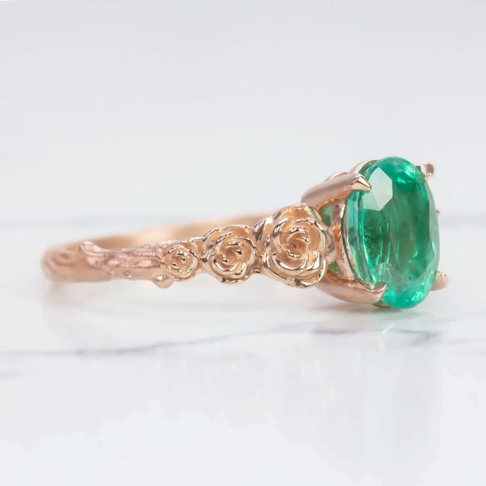 1.15ct OVAL CUT EMERALD RING FLOWER BRANCH 14k ROSE GOLD NATURAL GREEN COCKTAIL