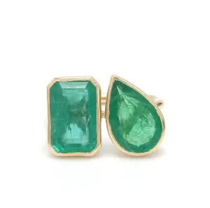 14K & 18K Gold Emerald Double Stone Bezel Ring, Emerald & Pear cuts