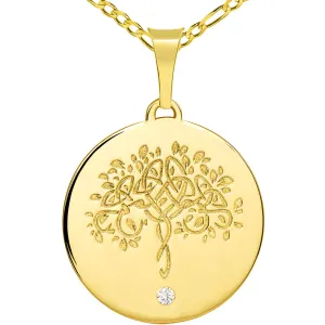 14k Solid Yellow Gold Hand Engraved Tree of Life CZ Round Medallion Pendant with Figaro Chain Necklace