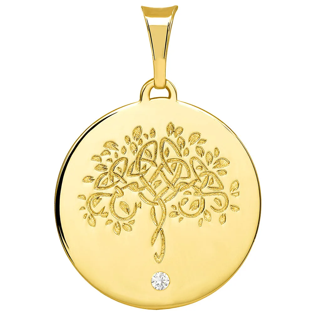 14k Solid Yellow Gold Hand Engraved Tree of Life CZ Round Medallion Pendant with Figaro Chain Necklace