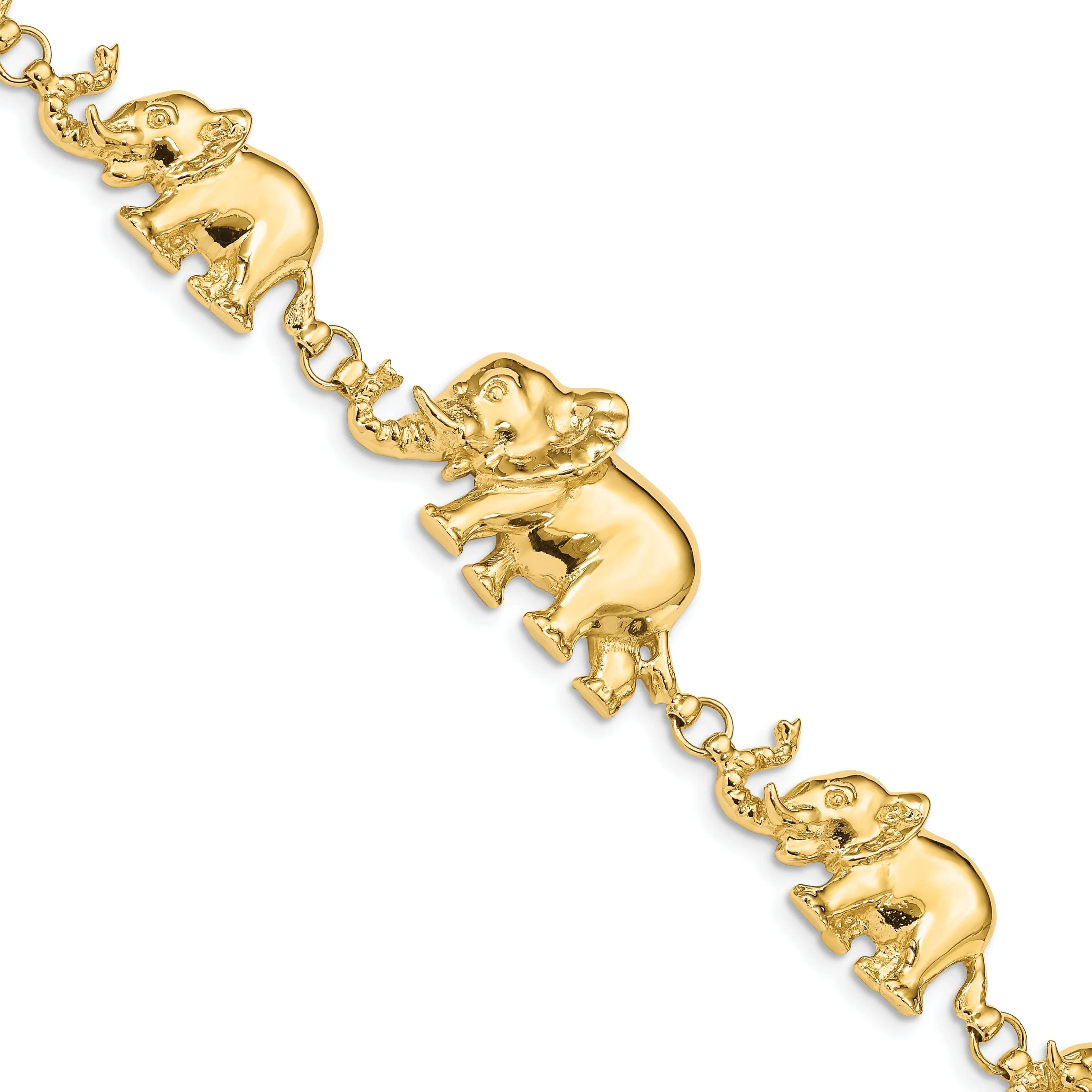 14k yellow gold elephants walking bracelet. Solid polished finish, 7-inch, 17-mm wide