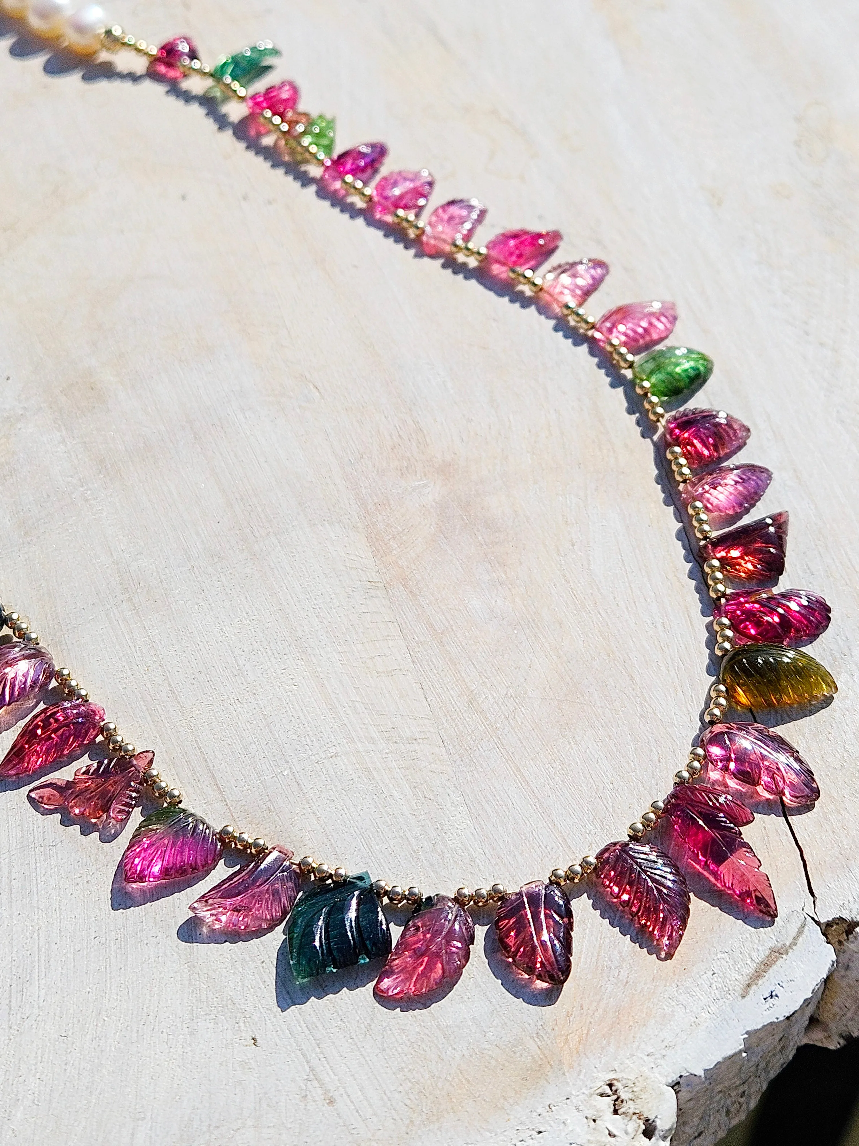 14K Yellow Gold Hand Carved Pink & Green Tourmaline Leaves, Freshwater Baroque Pearl Gemstone Halfsie Necklace 24"