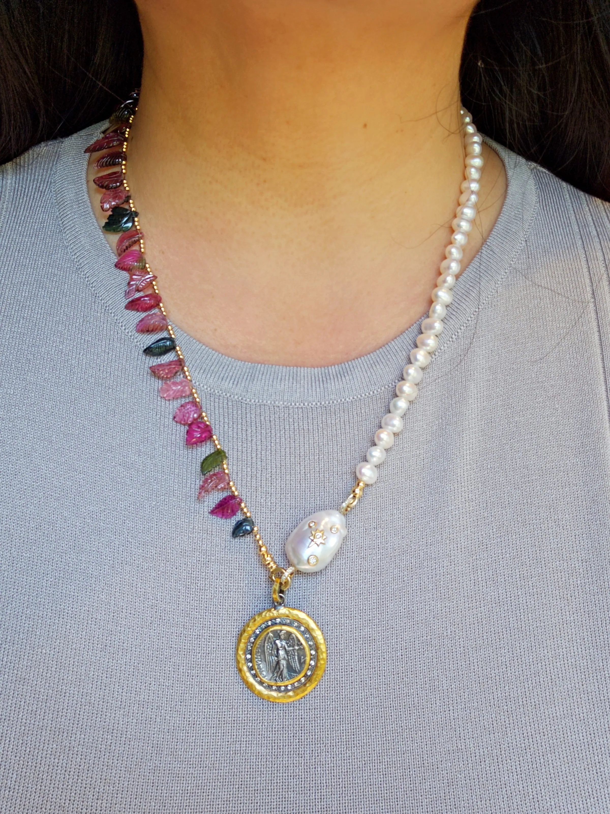 14K Yellow Gold Hand Carved Pink & Green Tourmaline Leaves, Freshwater Baroque Pearl Gemstone Halfsie Necklace 24"