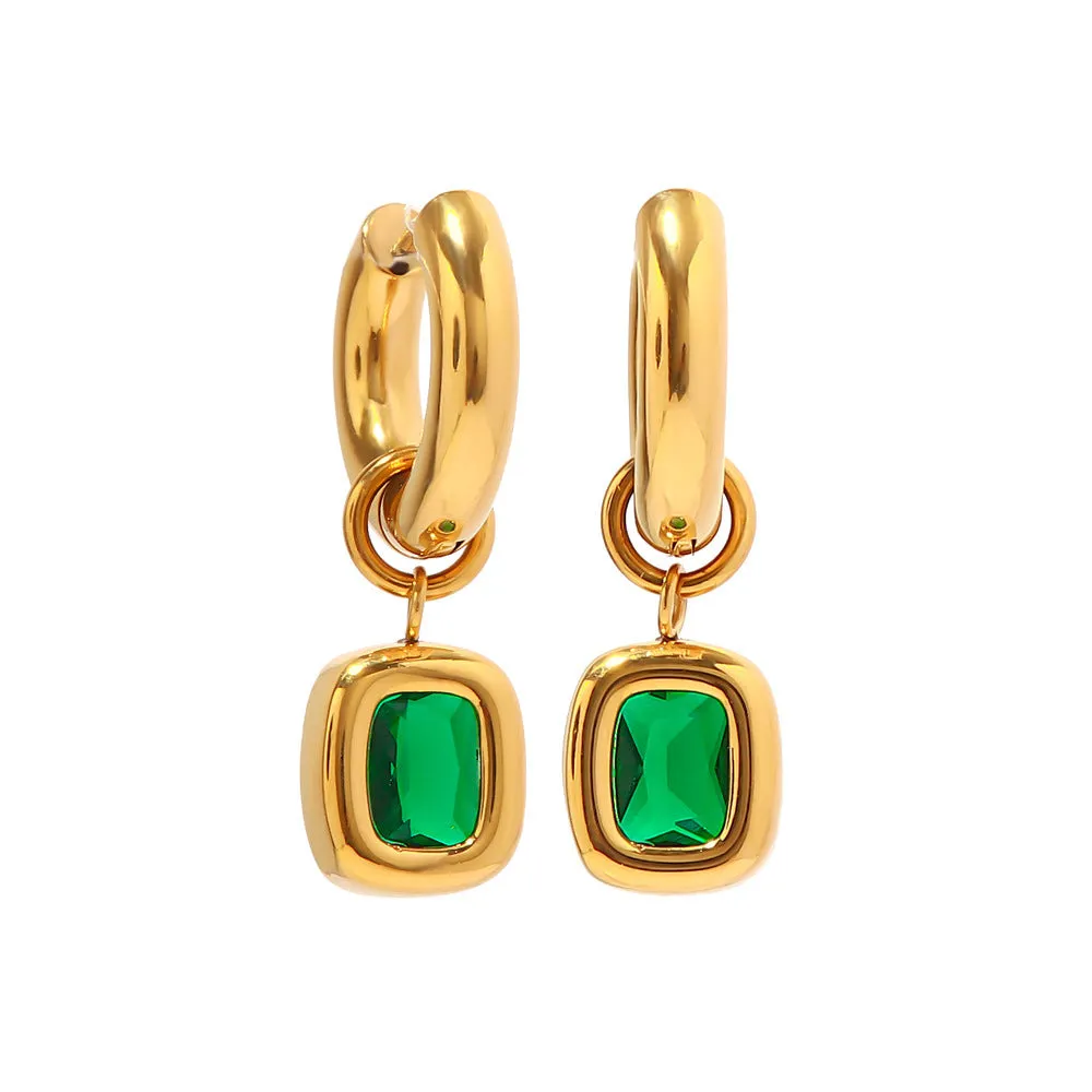 18k Gold Fashion Vintage Inlaid Green Zircon Drop Earrings