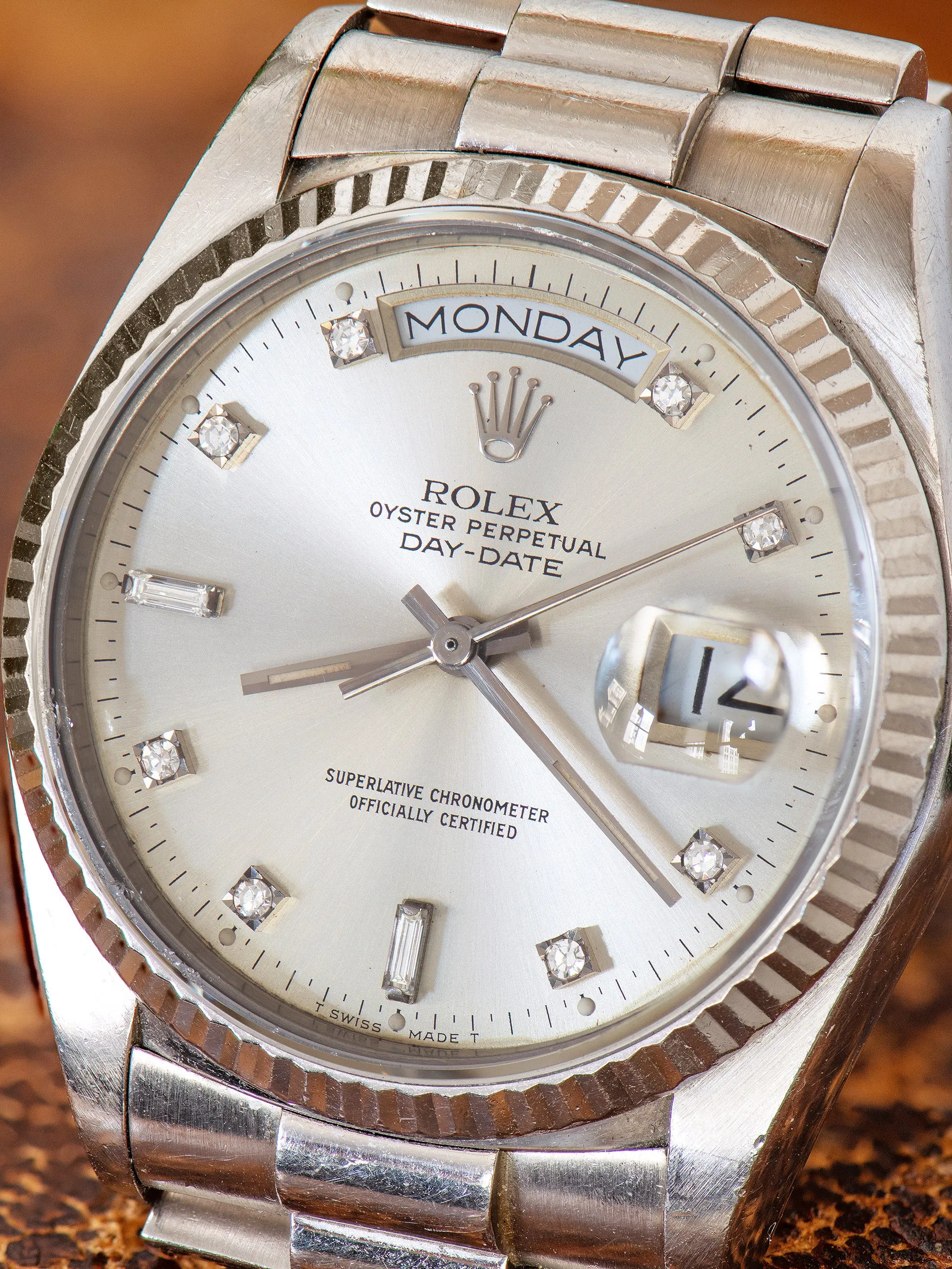 1987 Rolex Day-Date 18K WG (Ref. 18039) Silver Diamond Dial