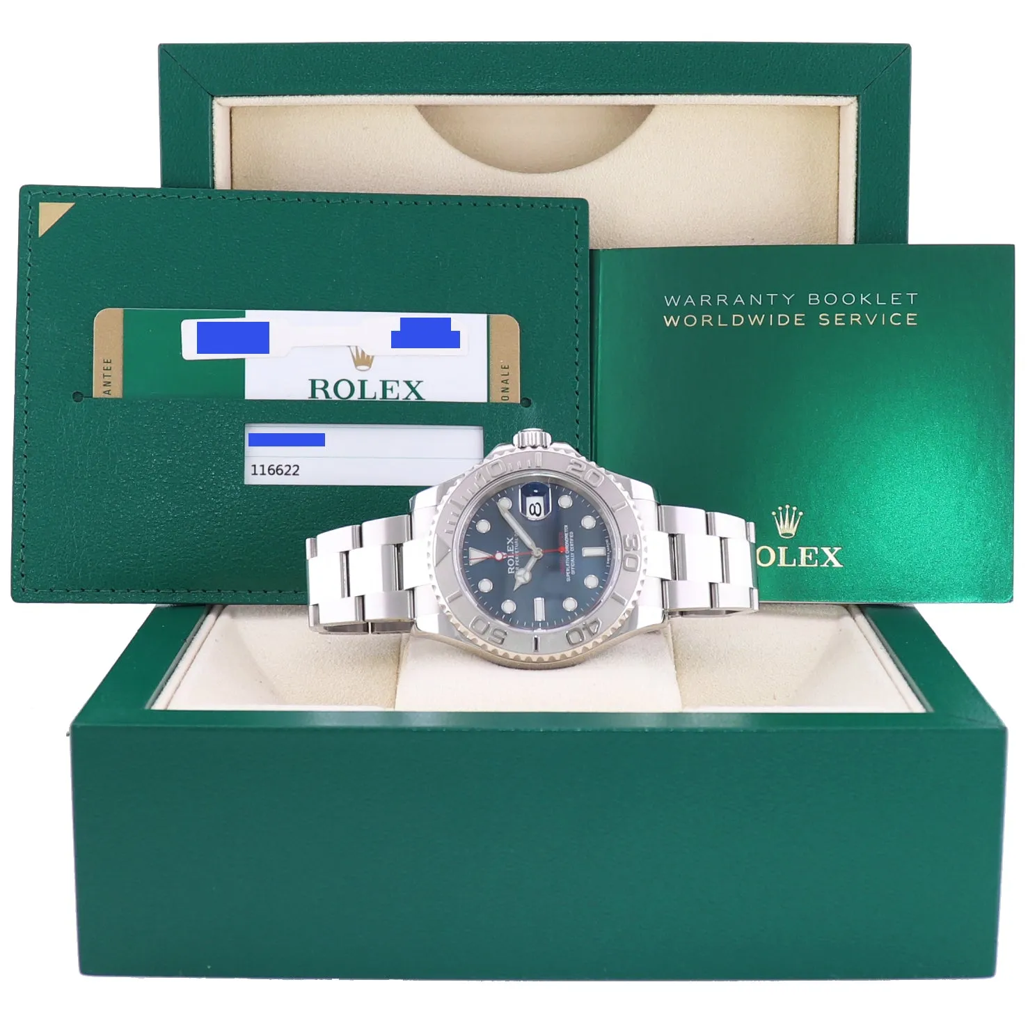 2015 Mint PAPERS Rolex Yacht-Master 116622 Steel Platinum Blue 40mm Watch Box