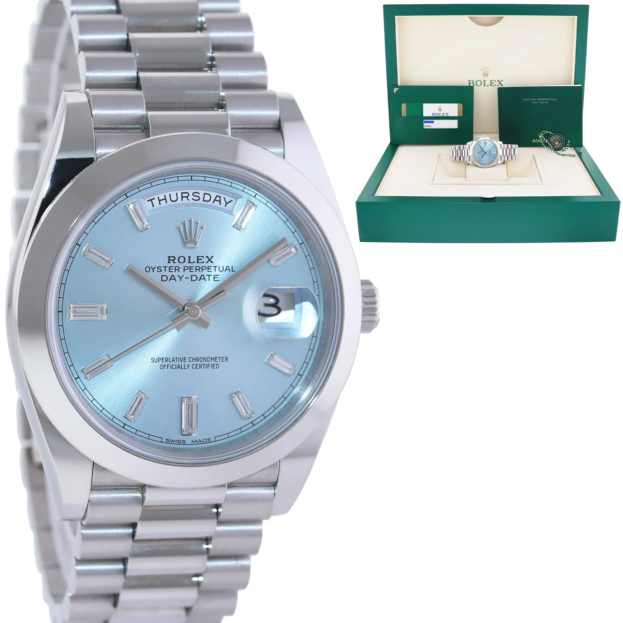 2019 PAPERS Rolex Platinum President Day Date Blue Baguette Diamond 228206 Watch