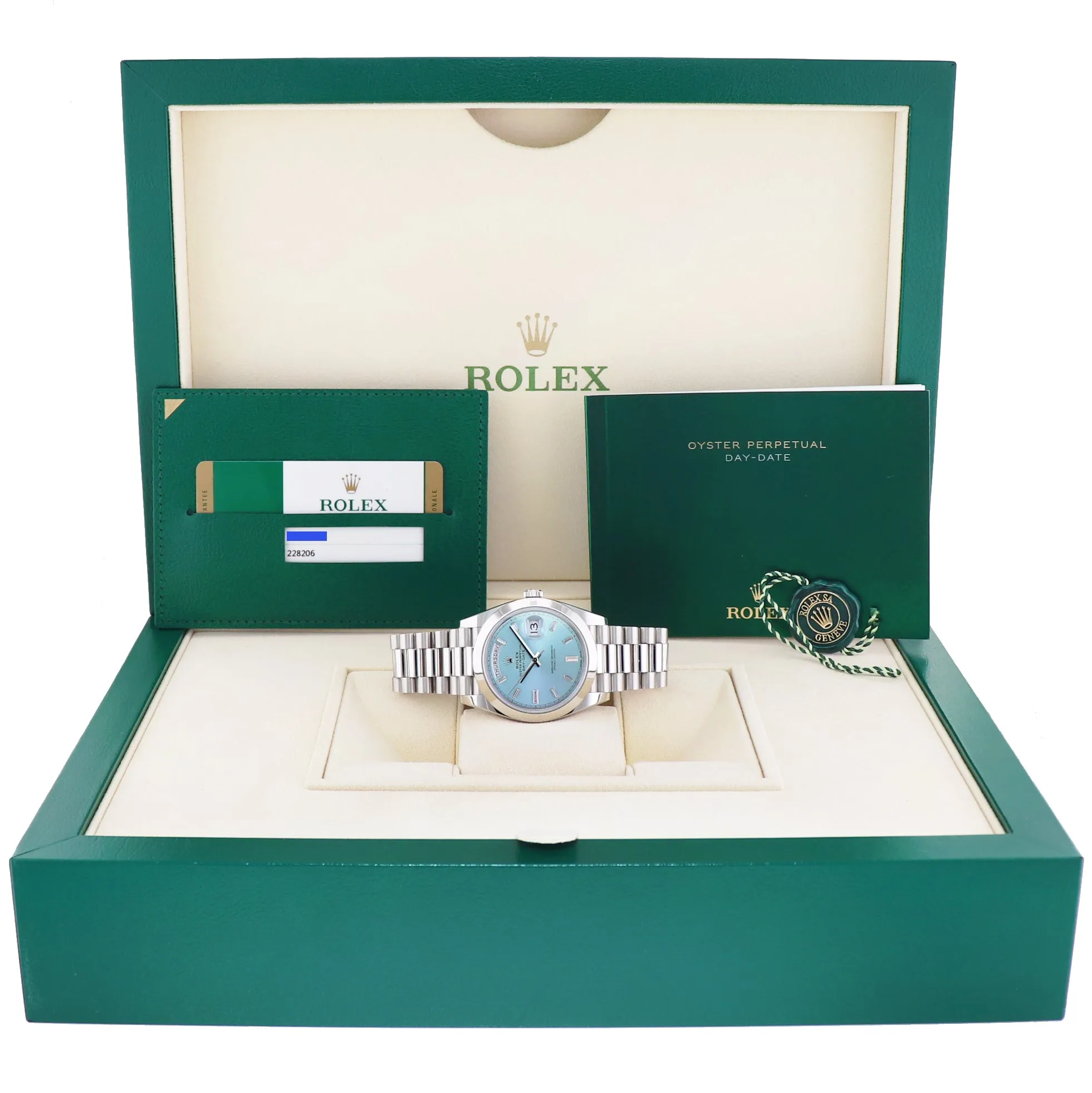 2019 PAPERS Rolex Platinum President Day Date Blue Baguette Diamond 228206 Watch