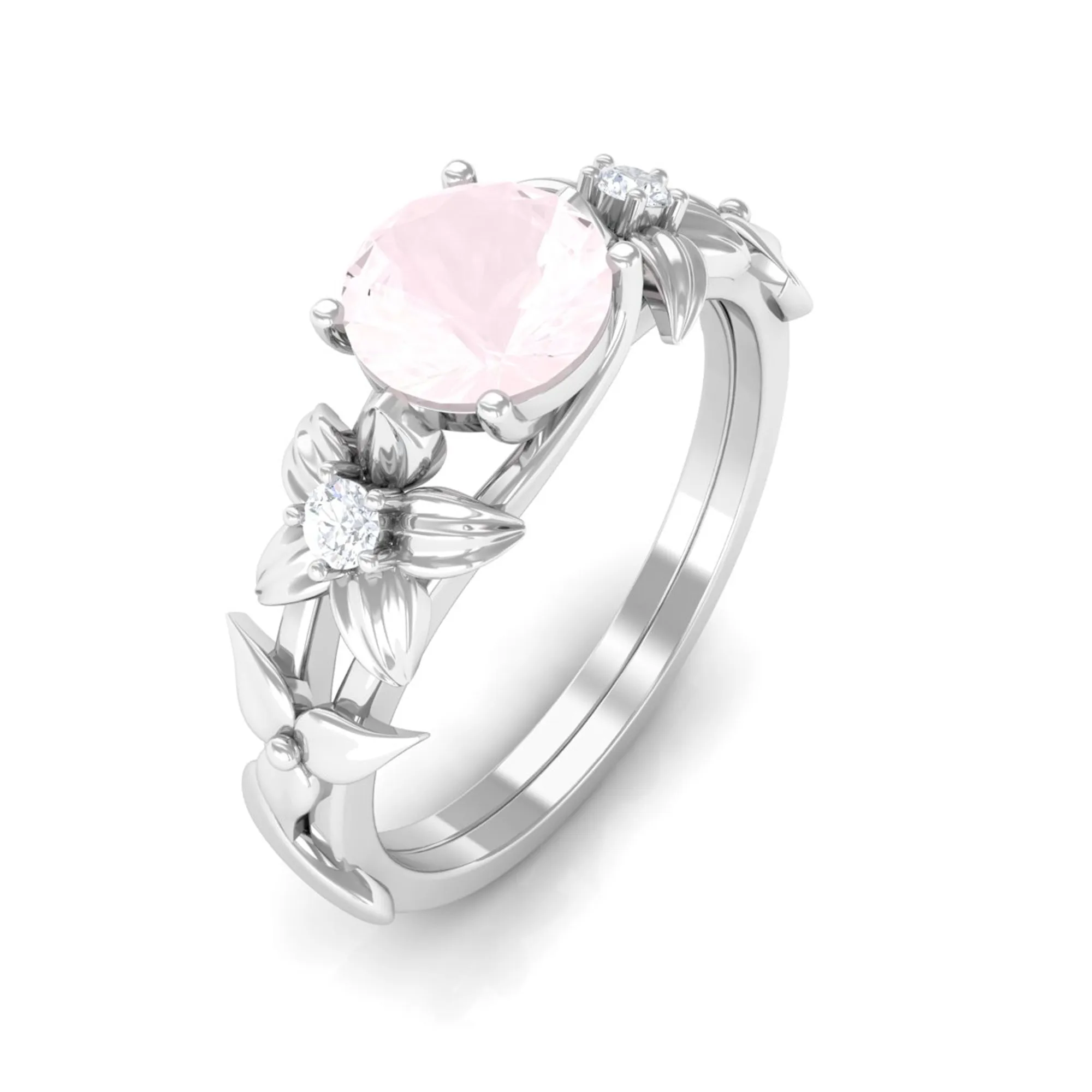 3/4 CT Rose Quartz Flower Engagement Ring with Diamond