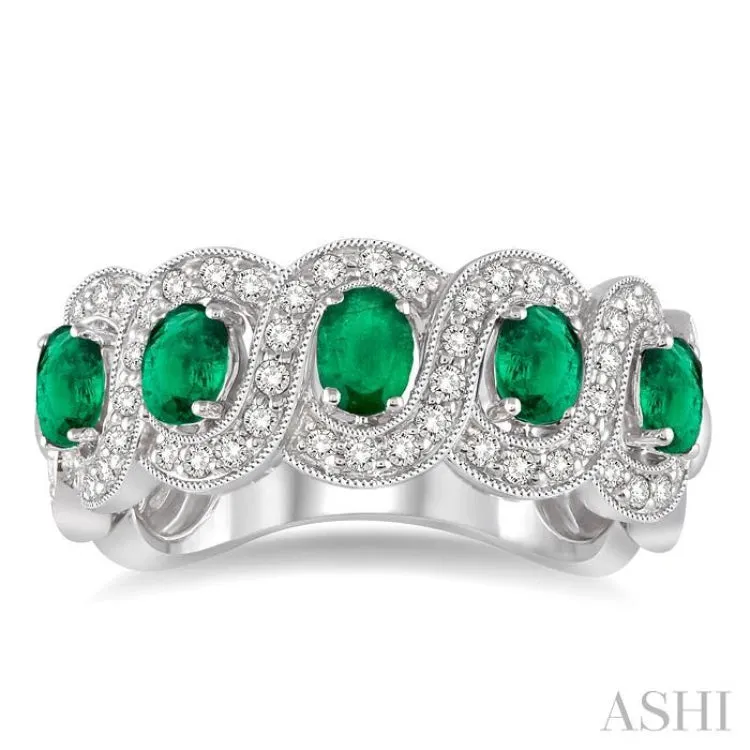 4x3 MM Oval Cut Emerald and 1/2 Ctw Round Cut Diamond Ring in 14K White Gold