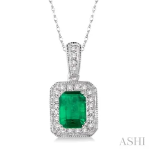 6x4 mm Emerald Cut Emerald and 1/5 Ctw Round Cut Diamond Pendant in 14K White Gold with Chain