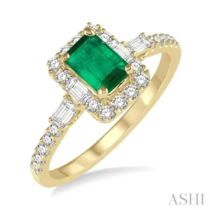 6x4 MM Octagon Cut Emerald and 1/2 Ctw Round Cut Diamond Ring in 14K Yellow Gold