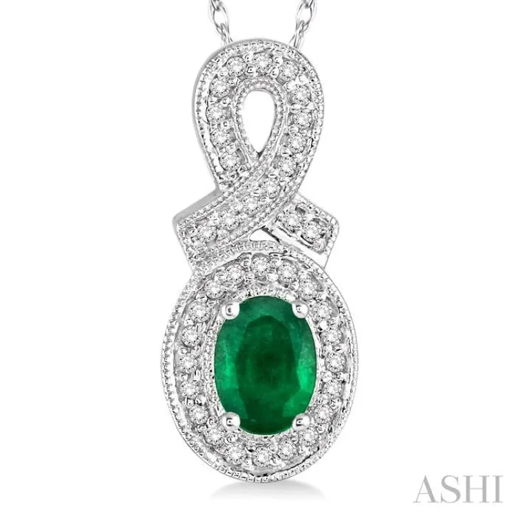 6x4 MM Oval Cut Emerald and 1/5 Ctw Round Cut Diamond Pendant in 10K White Gold with Chain