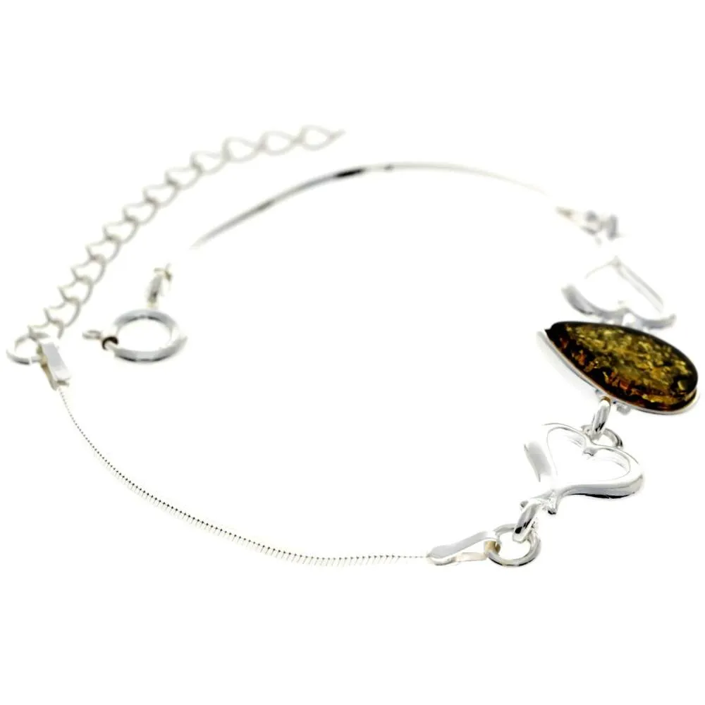 925 Sterling Silver & Baltic Amber Adjustable Bracelet with Silver Hearts - M567