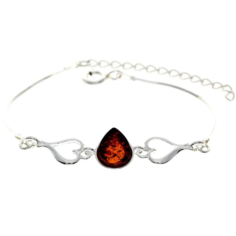 925 Sterling Silver & Baltic Amber Adjustable Bracelet with Silver Hearts - M567