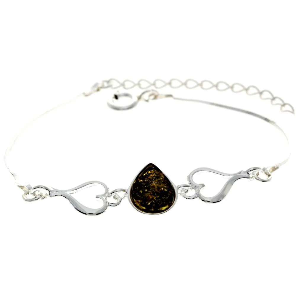 925 Sterling Silver & Baltic Amber Adjustable Bracelet with Silver Hearts - M567