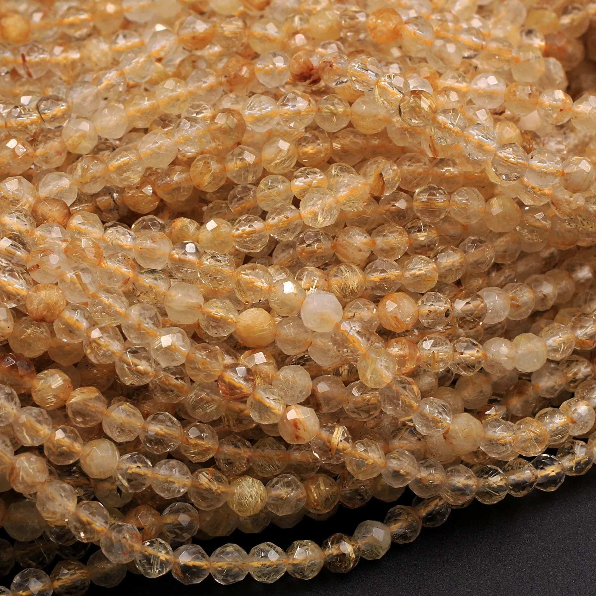 AA Grade Natural Golden Rutile Quartz  3mm 4mm 5mm Faceted Round Beads Sharp Golden Rutile Needle Gemstone 16" Strand