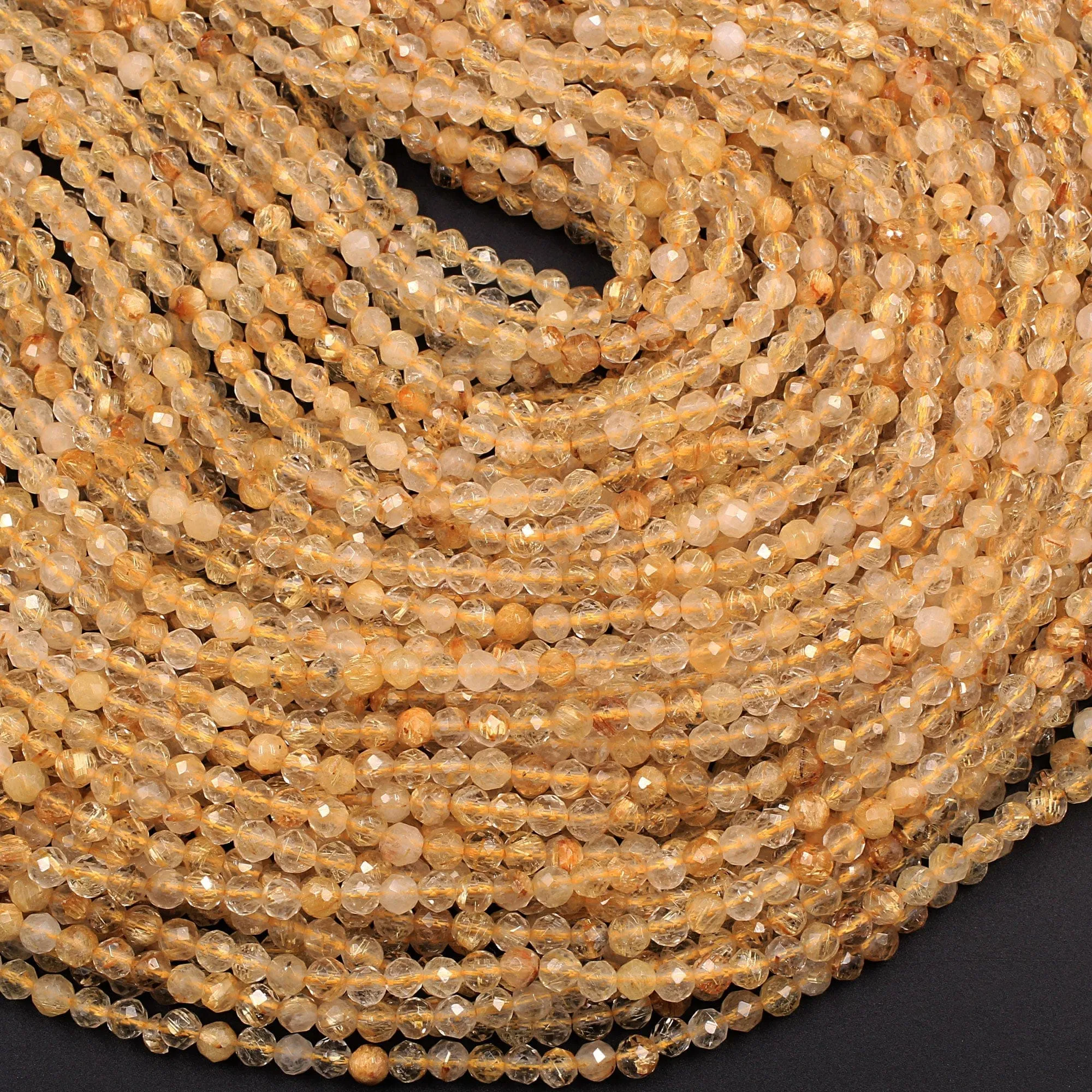 AA Grade Natural Golden Rutile Quartz  3mm 4mm 5mm Faceted Round Beads Sharp Golden Rutile Needle Gemstone 16" Strand