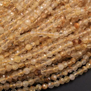 AA Grade Natural Golden Rutile Quartz  3mm 4mm 5mm Faceted Round Beads Sharp Golden Rutile Needle Gemstone 16" Strand