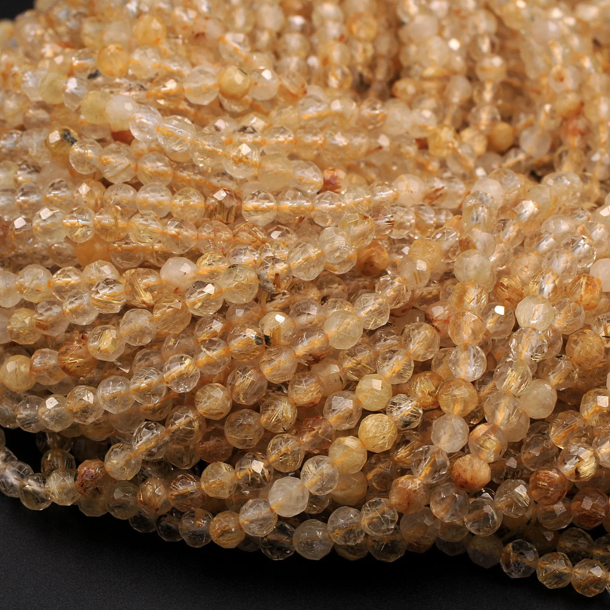 AA Grade Natural Golden Rutile Quartz  3mm 4mm 5mm Faceted Round Beads Sharp Golden Rutile Needle Gemstone 16" Strand