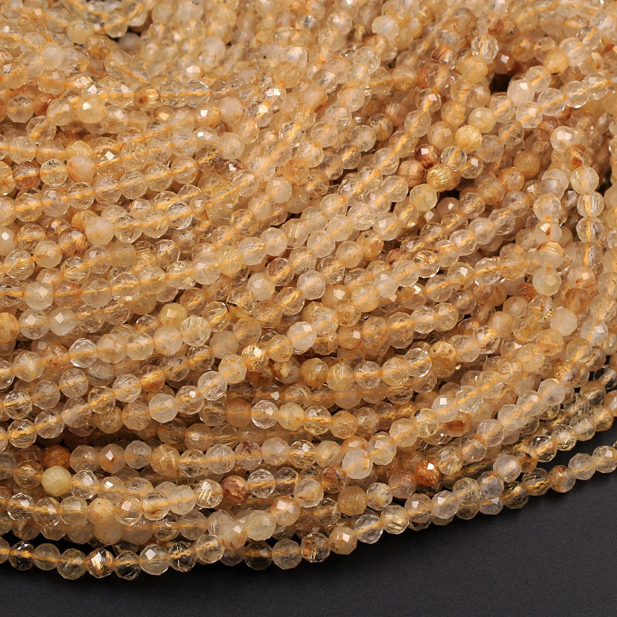 AA Grade Natural Golden Rutile Quartz  3mm 4mm 5mm Faceted Round Beads Sharp Golden Rutile Needle Gemstone 16" Strand