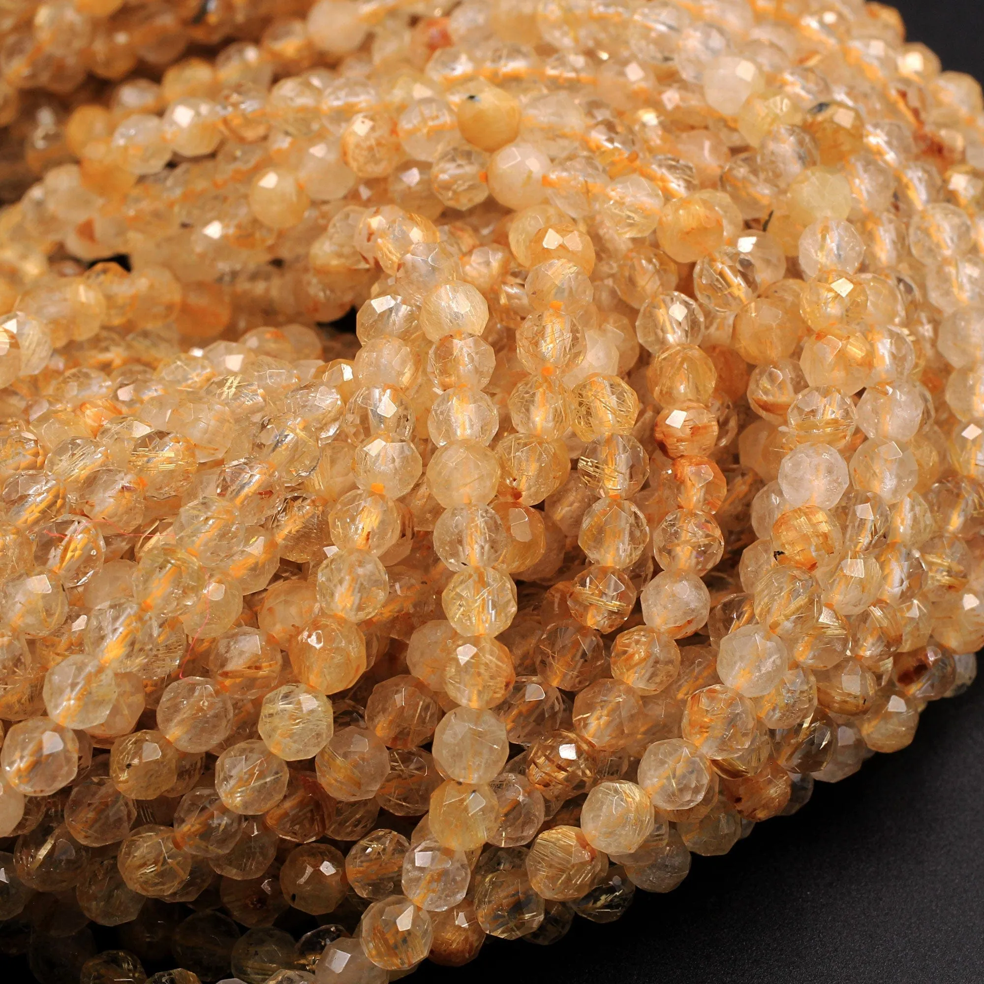 AA Grade Natural Golden Rutile Quartz  3mm 4mm 5mm Faceted Round Beads Sharp Golden Rutile Needle Gemstone 16" Strand