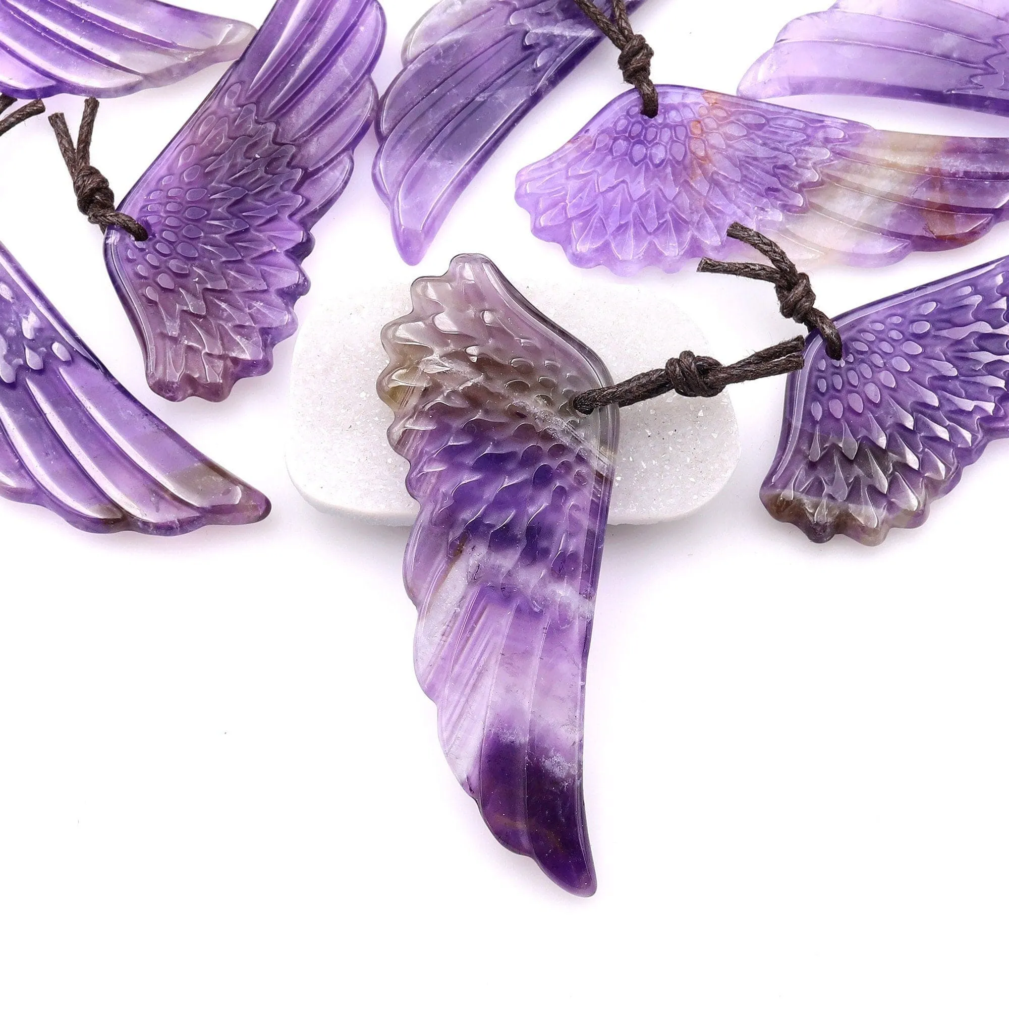 AAA Hand Carved Natural Amethyst Angel Wing Pendant Focal Bead Drilled Gemstone