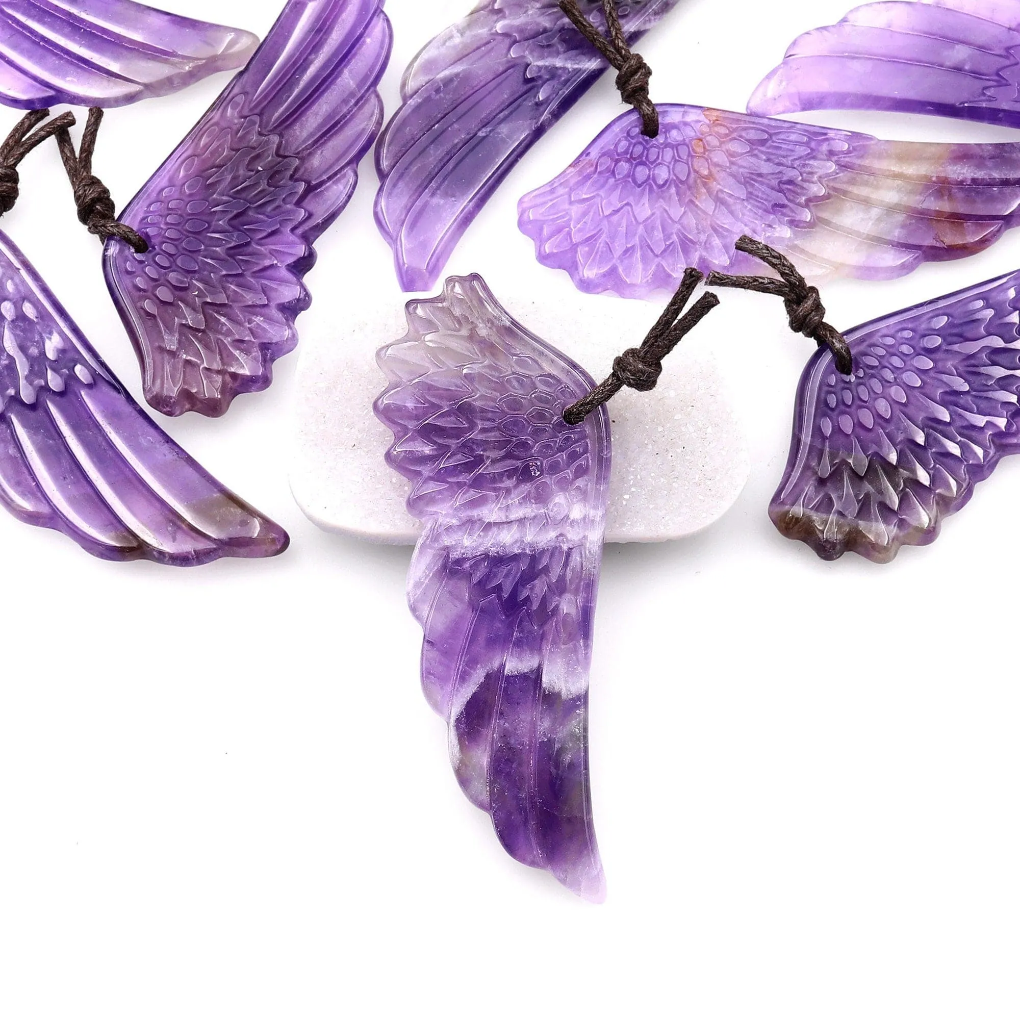 AAA Hand Carved Natural Amethyst Angel Wing Pendant Focal Bead Drilled Gemstone