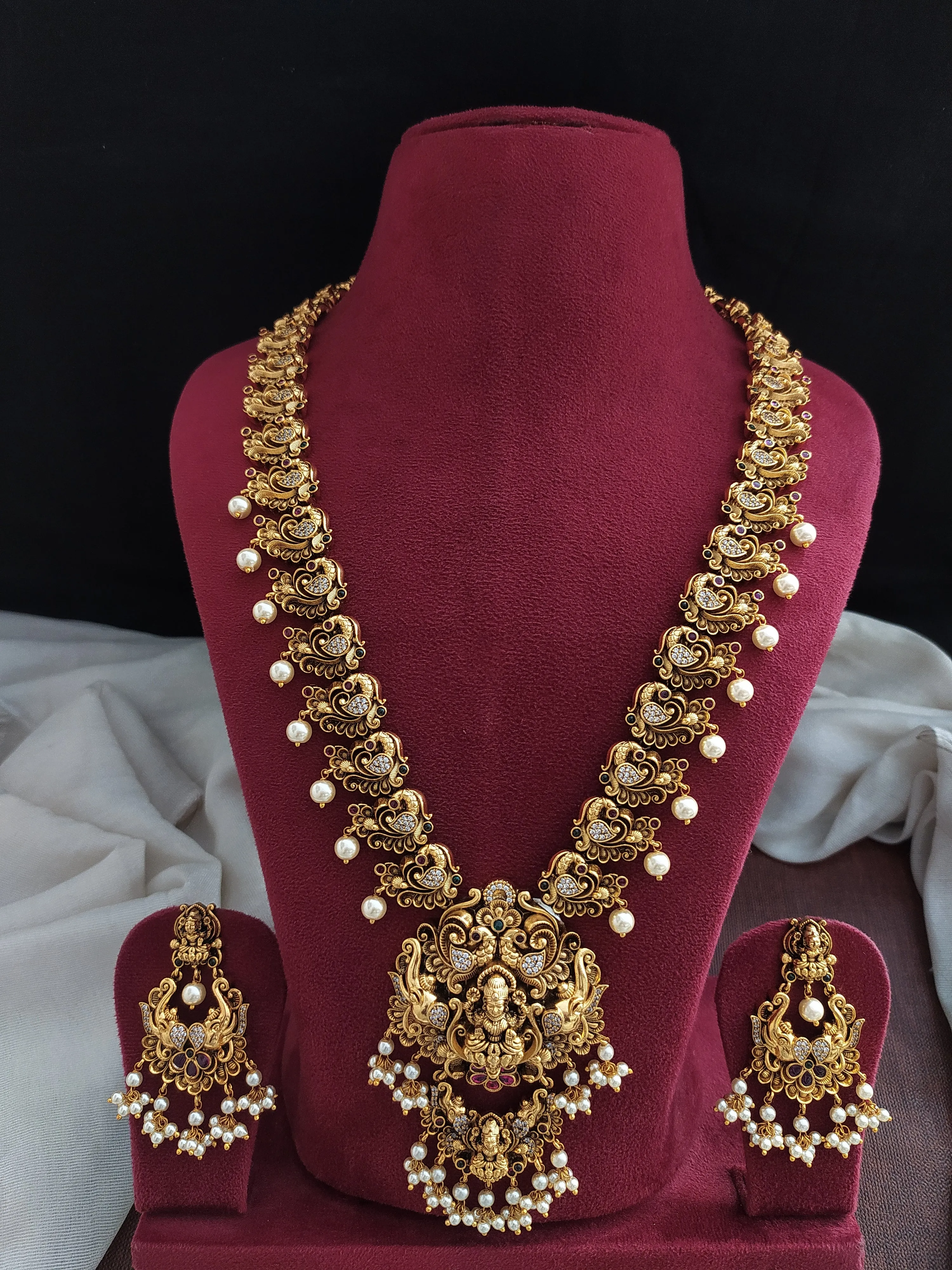 Antique Nakshi Work Lakshmi Long Haram Set with Chandbali Earrings