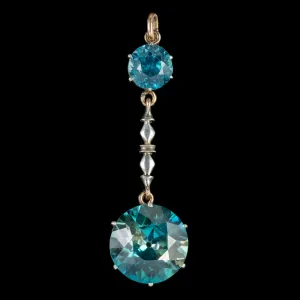 Art Deco Blue Zircon Drop Pendant 15ct Gold 12.5ct Of Zircon With Cert