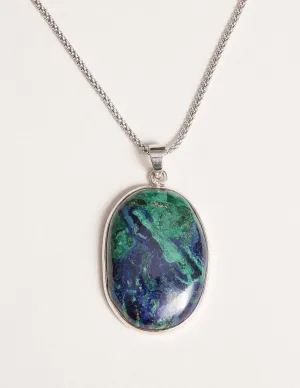 Azurite Malachite Pendant - 30 inch Silver Chain