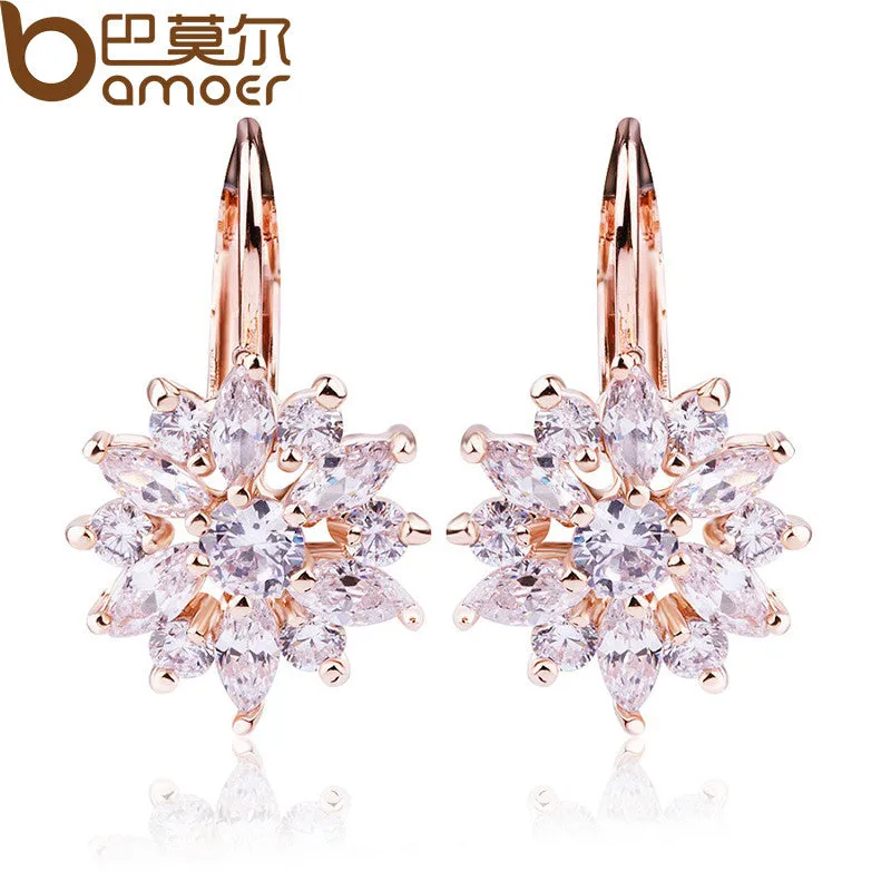 BAMOER Luxury Champagne Gold Flower Stud Earrings with Zircon Stone Women Birthday Gift Bijouterie JIE014