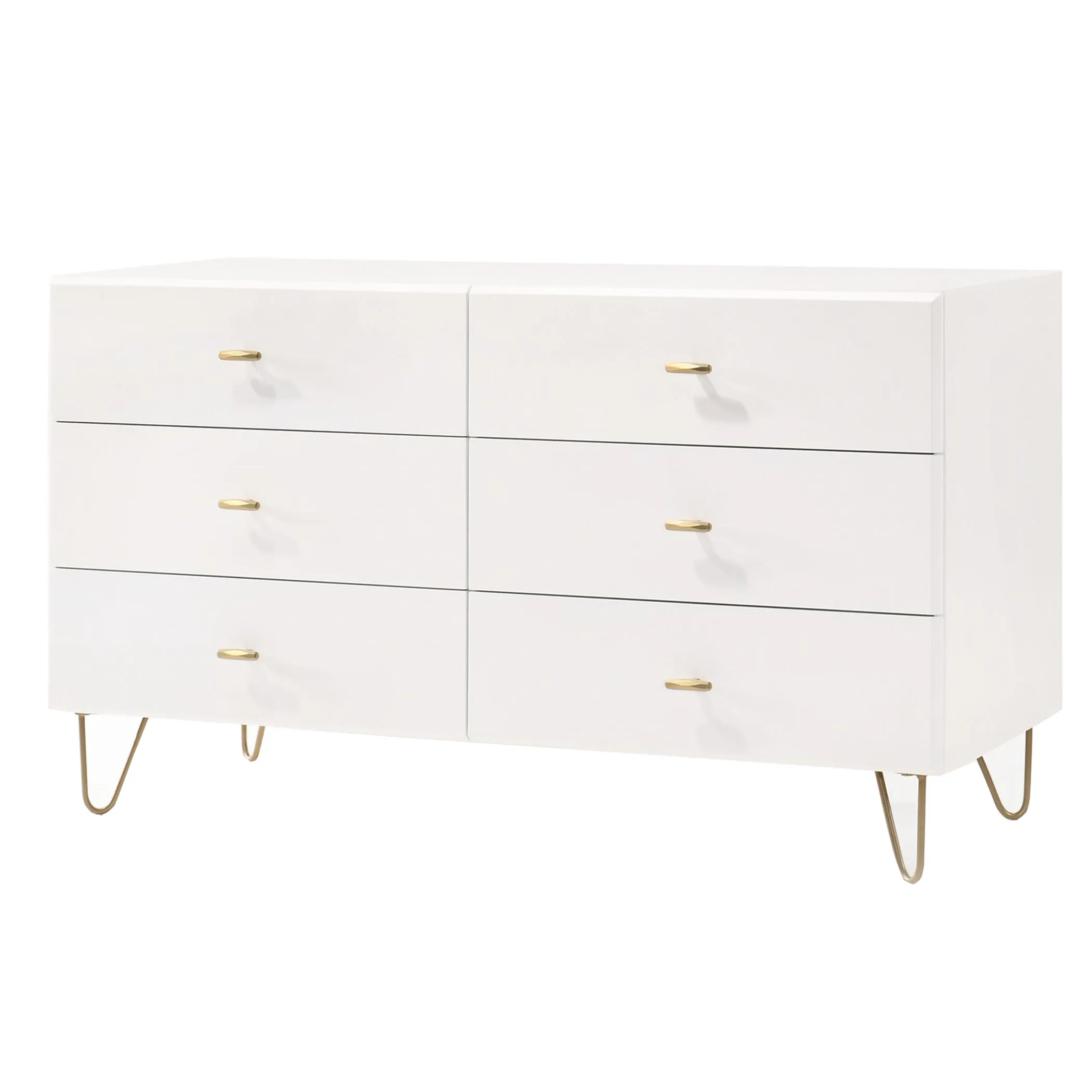 Benzara 6 Drawer Wooden Dresser with Metal Hairpin Legs, White and Gold