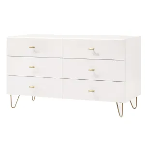 Benzara 6 Drawer Wooden Dresser with Metal Hairpin Legs, White and Gold