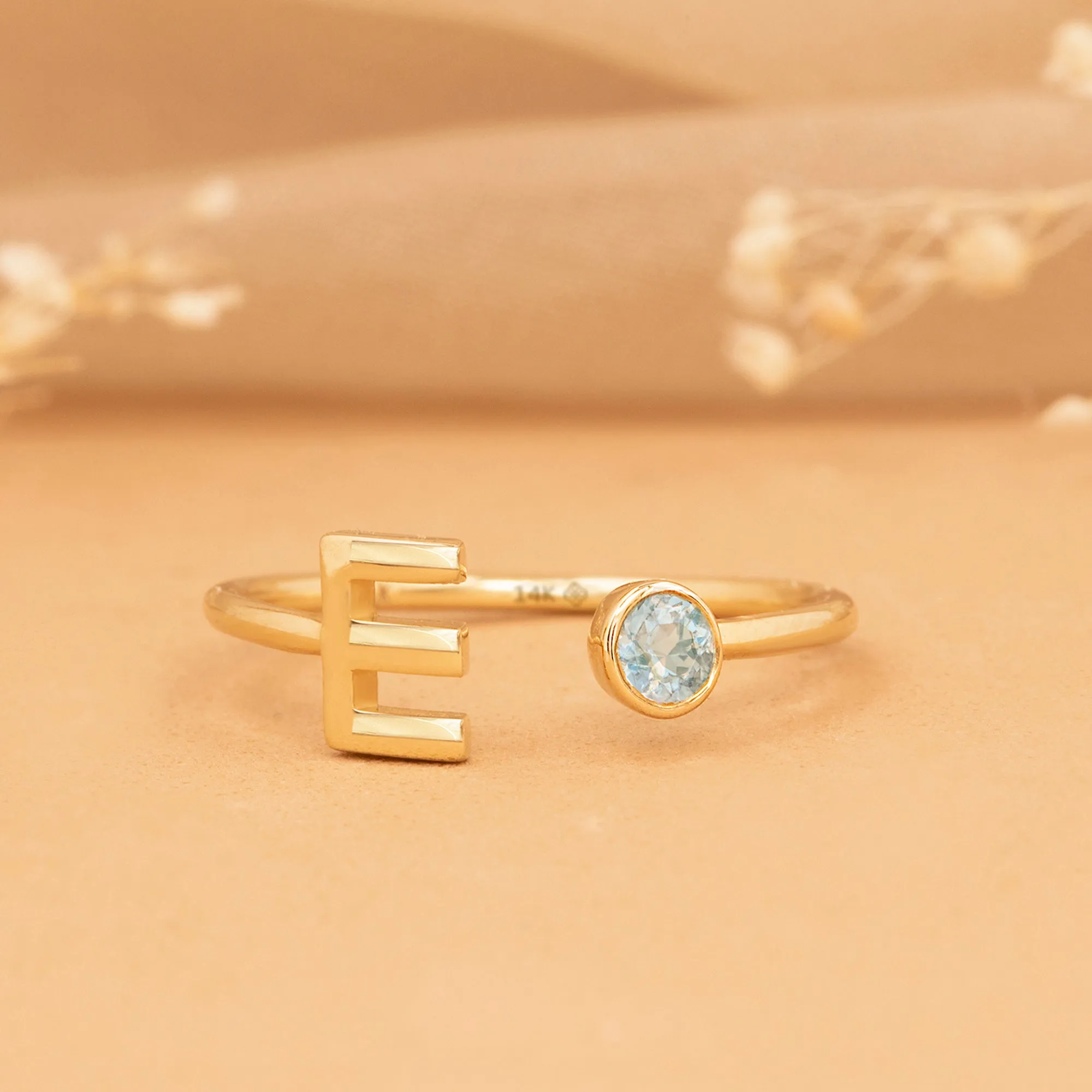 Birthstone and Initial Open Ring, Evelyn