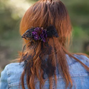 Black and purple hair bow Black lace flower hair bow Barrette flower clip Magaela Hair accessories Ponytail clip Handmade barrette 2021