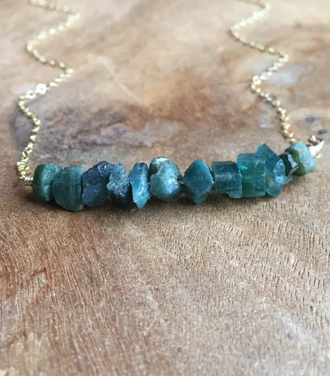 Blue Green Tourmaline Necklace - Raw Stone Necklace - Raw Crystal Necklace - Raw Tourmaline - October Birthstone