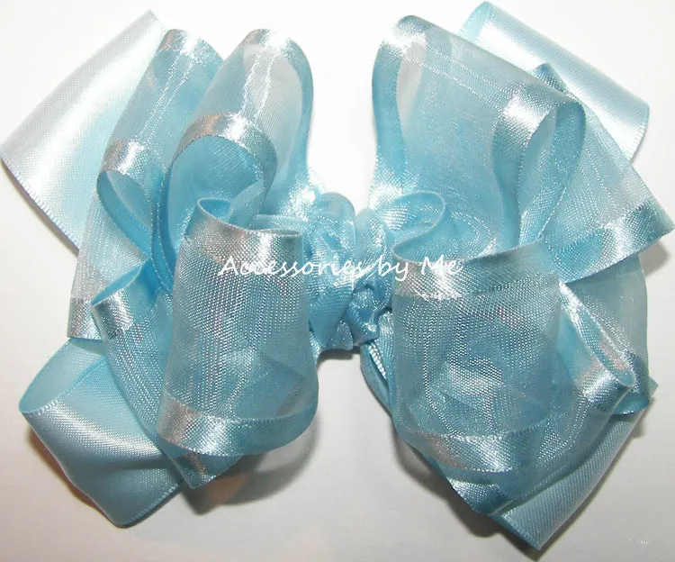 Blue Organza Satin Trim Hair Bow