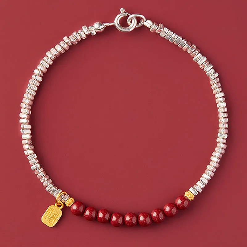 Buddha Stones 925 Sterling Silver Cinnabar Fu Character Blessing Bracelet