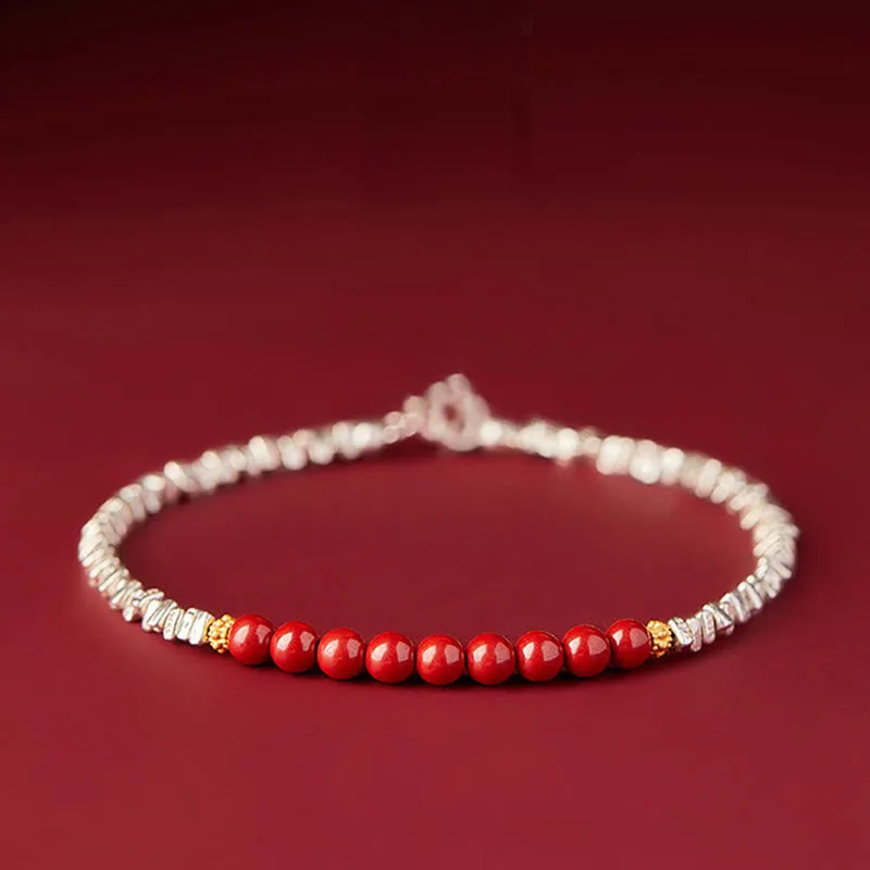 Buddha Stones 925 Sterling Silver Cinnabar Fu Character Blessing Bracelet