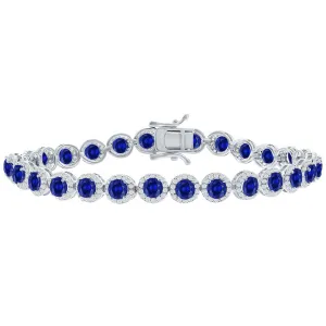 Classic Women's Bracelet - Silver Round Halo White and Sapphire CZ Tennis | T-7973