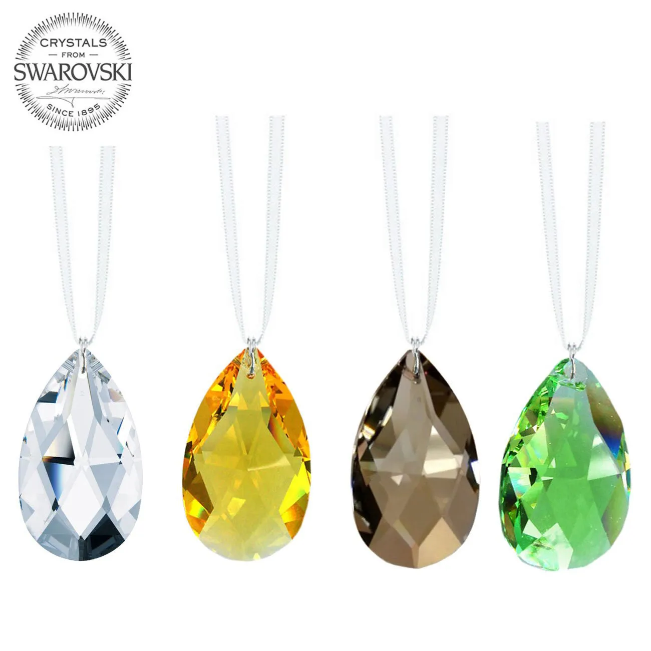 Colorful 2-Inch Hanging Almond Swarovski Crystal Prisms with Satin Ribbon (4 Pcs)