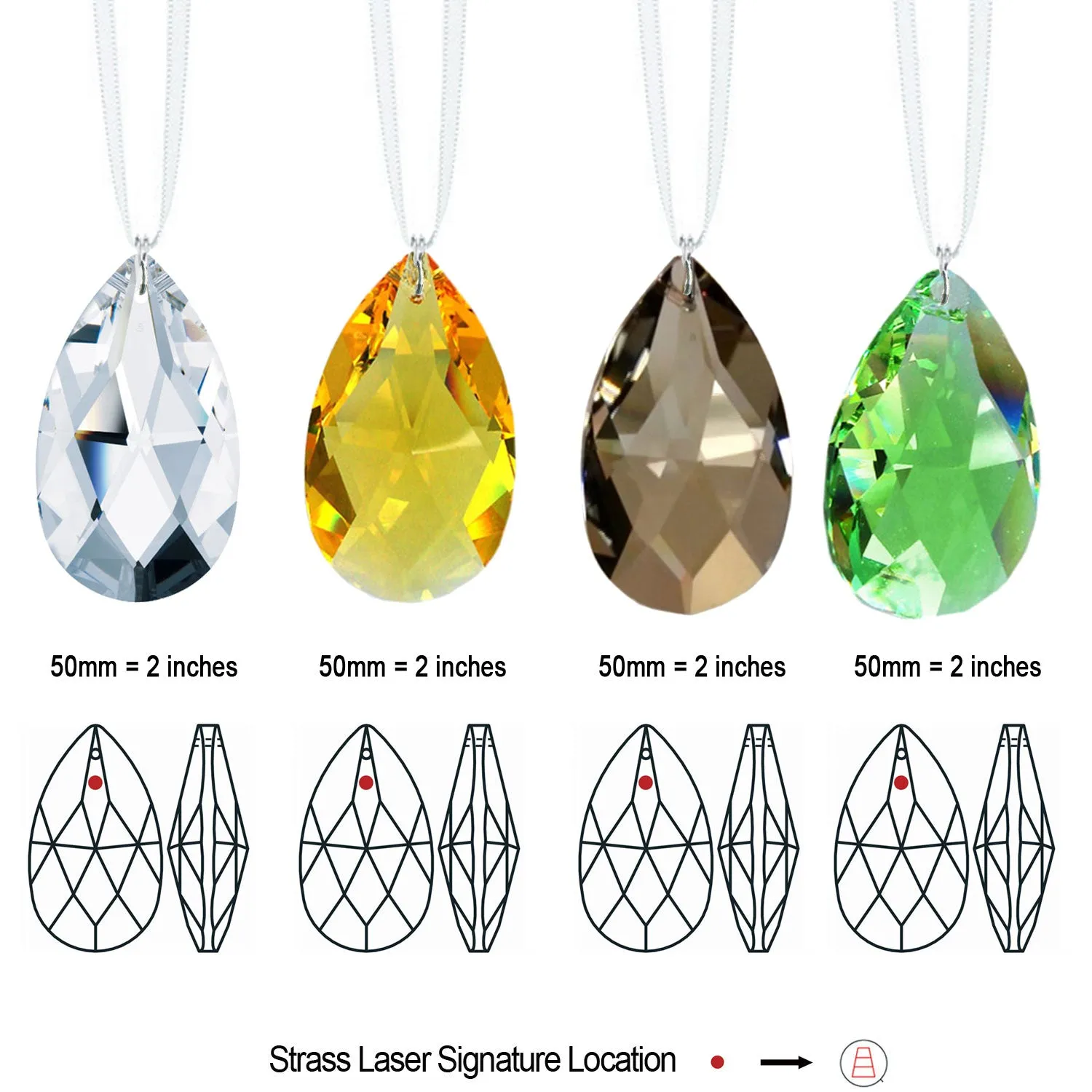 Colorful 2-Inch Hanging Almond Swarovski Crystal Prisms with Satin Ribbon (4 Pcs)