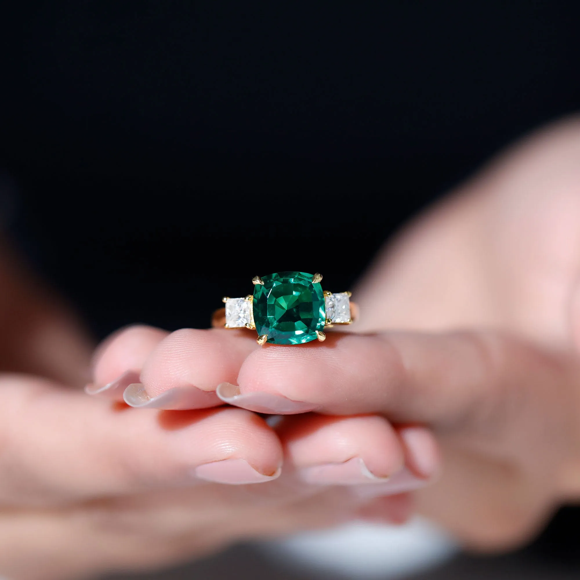 Cushion Cut Created Emerald Solitaire Engagement Ring with Moissanite