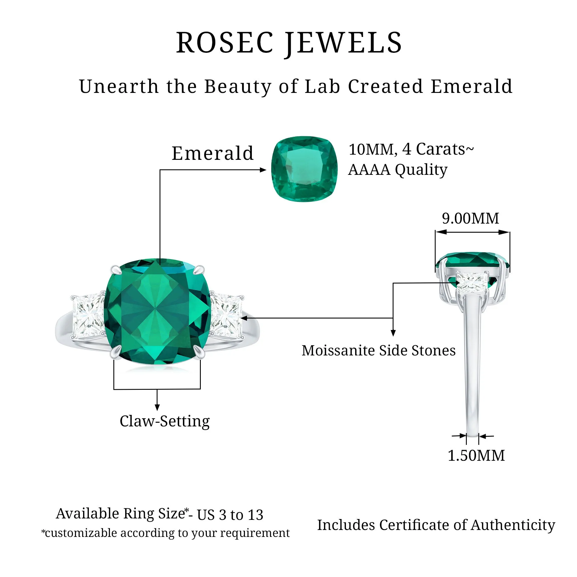 Cushion Cut Created Emerald Solitaire Engagement Ring with Moissanite