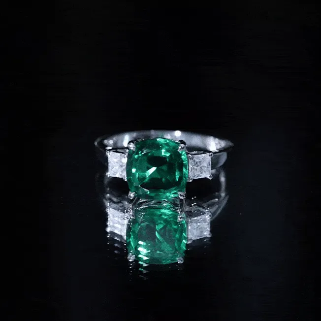 Cushion Cut Created Emerald Solitaire Engagement Ring with Moissanite