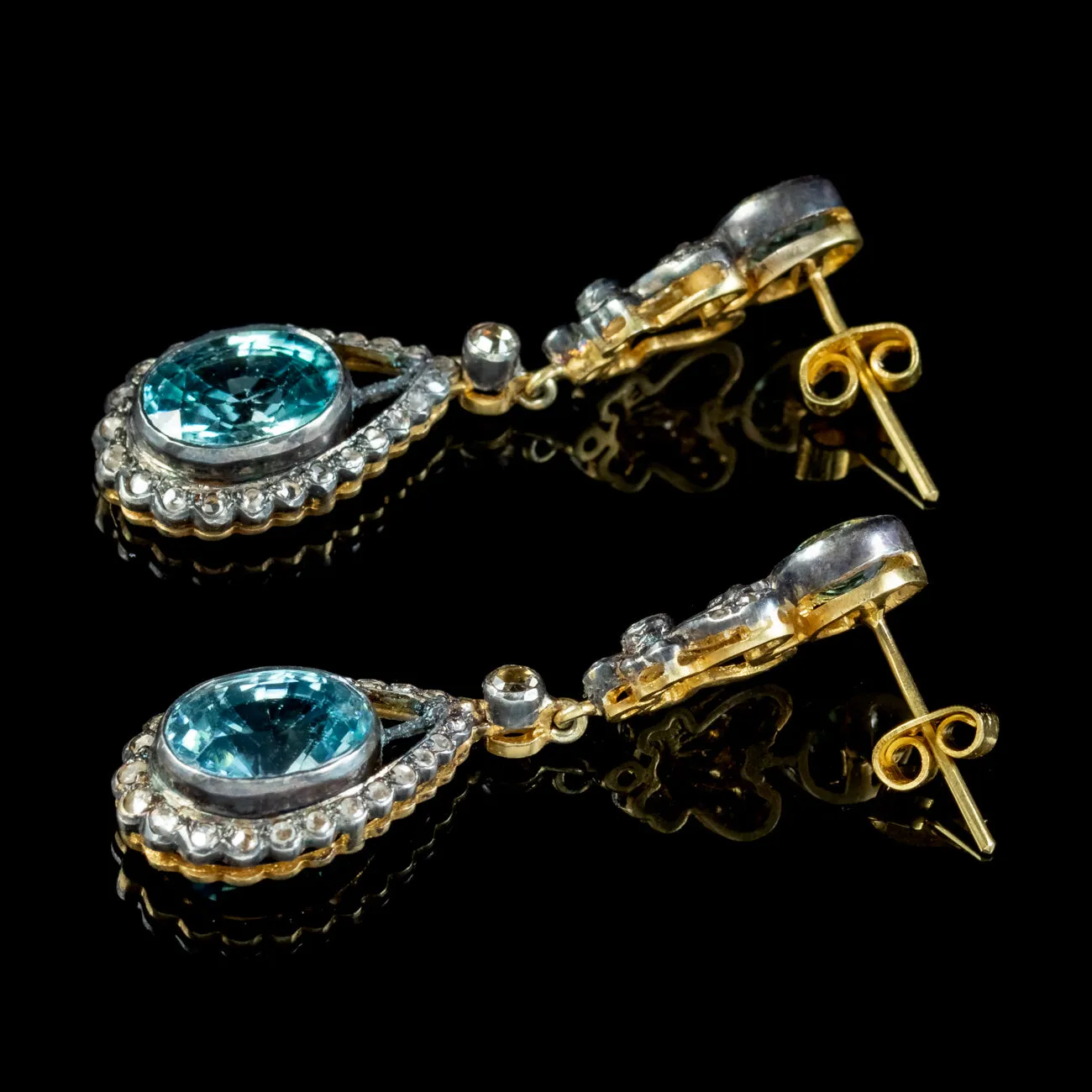 Edwardian Style Blue Zircon Diamond Earrings 7.8ct Of Zircon