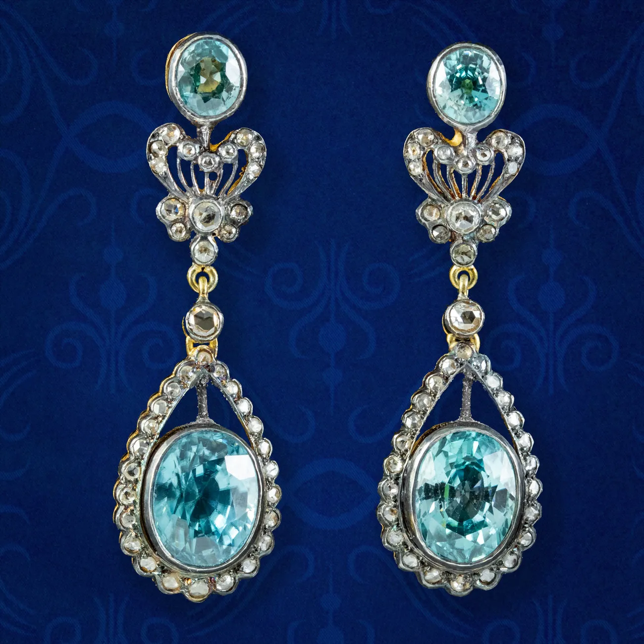 Edwardian Style Blue Zircon Diamond Earrings 7.8ct Of Zircon