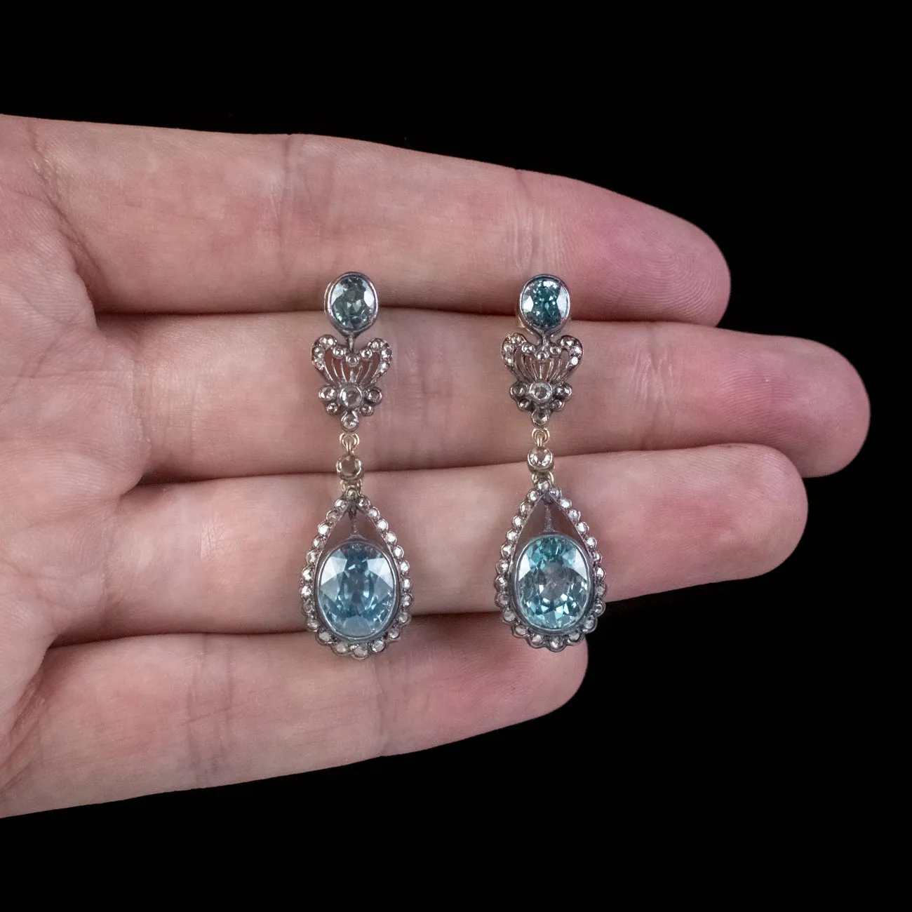 Edwardian Style Blue Zircon Diamond Earrings 7.8ct Of Zircon